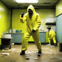 Re-imagine the previous image with Walter White dancing joyously in his yellow hazmat suit within the meth lab