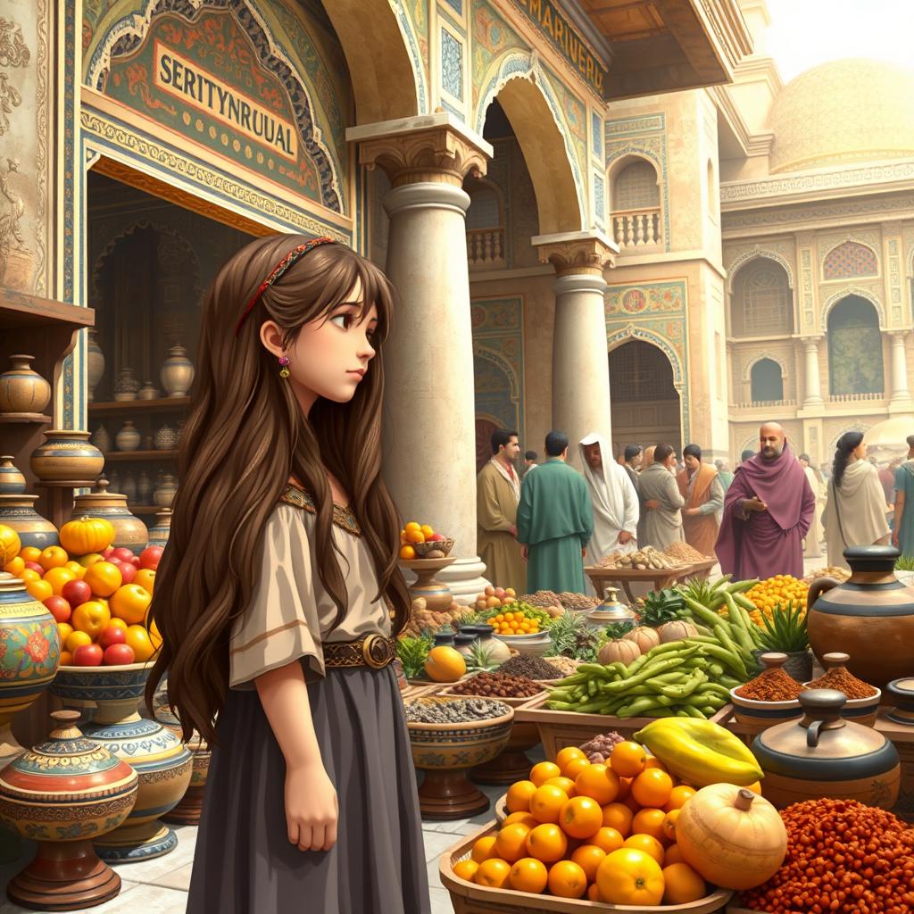 A young girl standing outside a bustling grocery store set in ancient Persia, around 500 BC