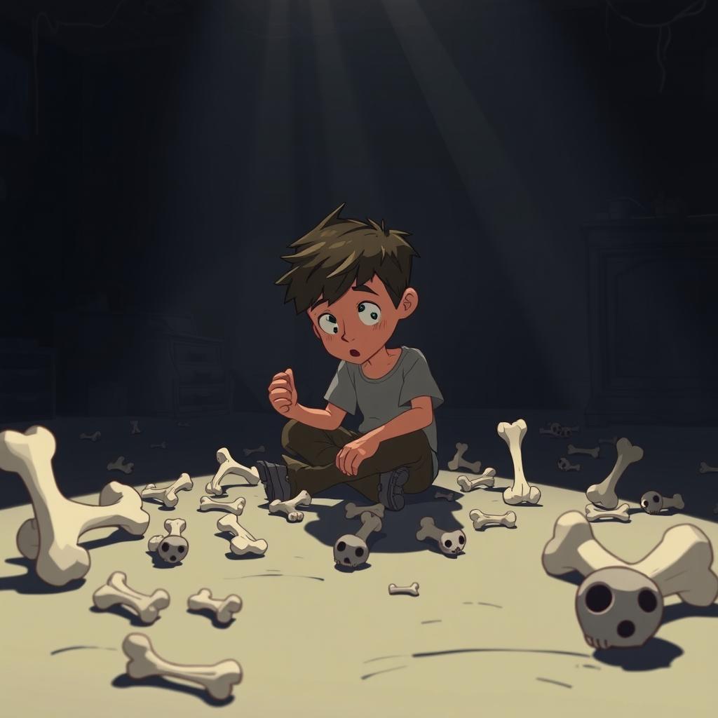 An animated scene depicting a lone boy sitting on the floor of a dark room, engrossed in playing with small and large bones scattered around him