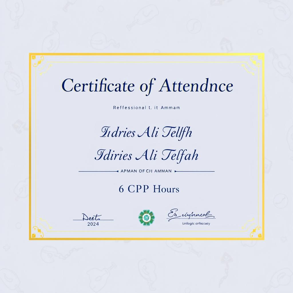 A professional certificate design for a Continuing Professional Development (CPD) event in Fetal Medicine, held in Amman from July 22 to 24, 2024