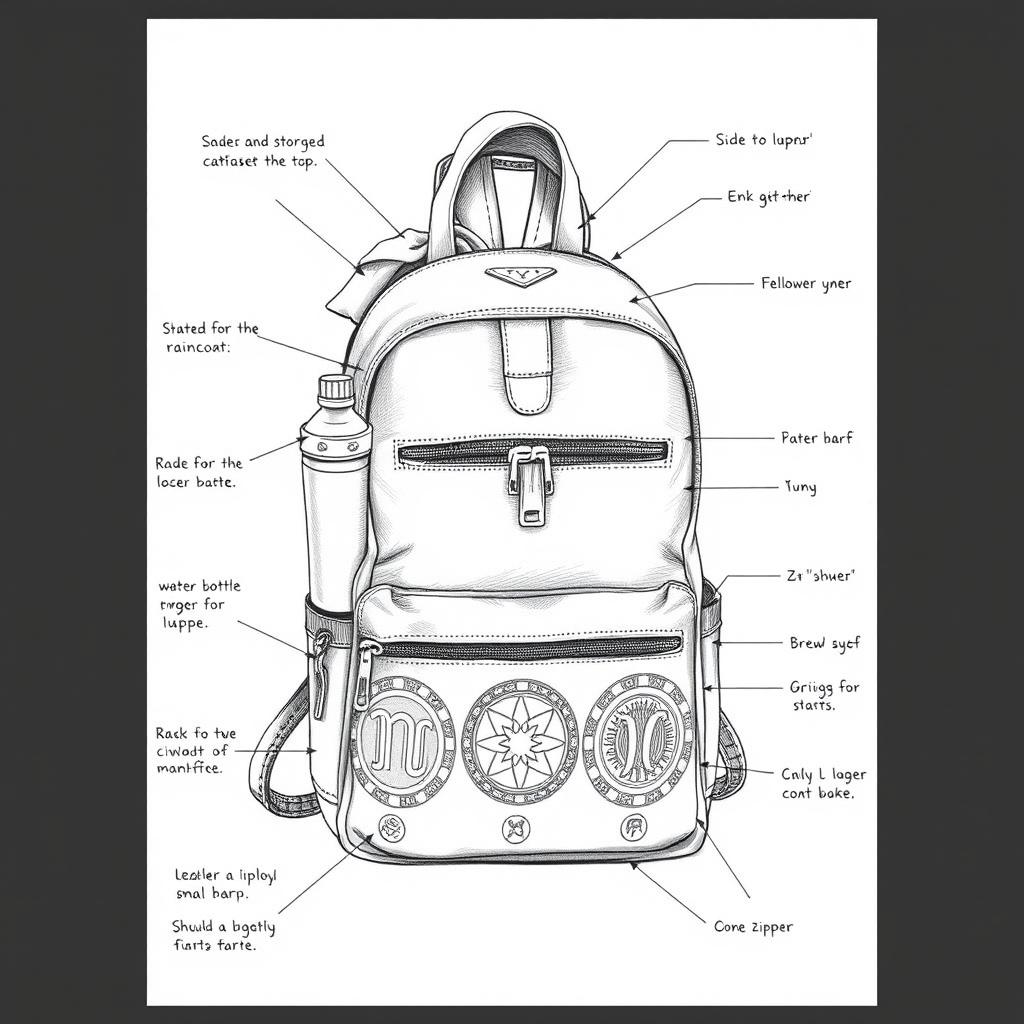 A detailed sketch of a leather backpack with a designated space for a raincoat stored at the top