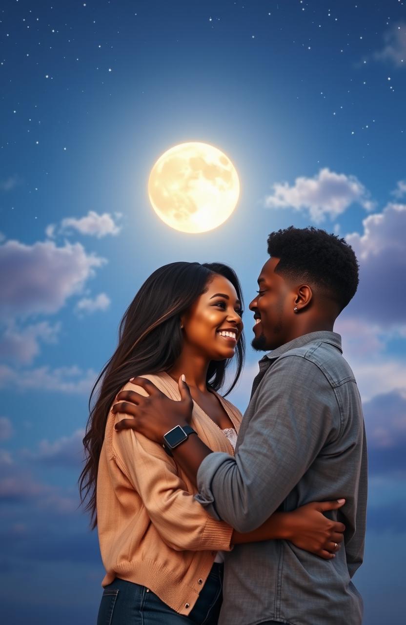 A romantic scene featuring a young African American couple embraced tenderly under a beautiful moonlit sky