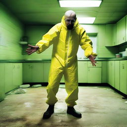 Re-imagine the previous image with Walter White dancing joyously in his yellow hazmat suit within the meth lab