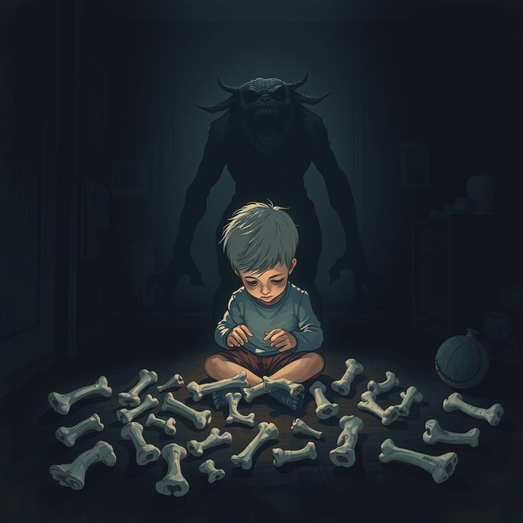 A dark, atmospheric illustration of a young boy sitting alone in a dimly lit room, focused on playing with various sizes of small and large bones scattered around him