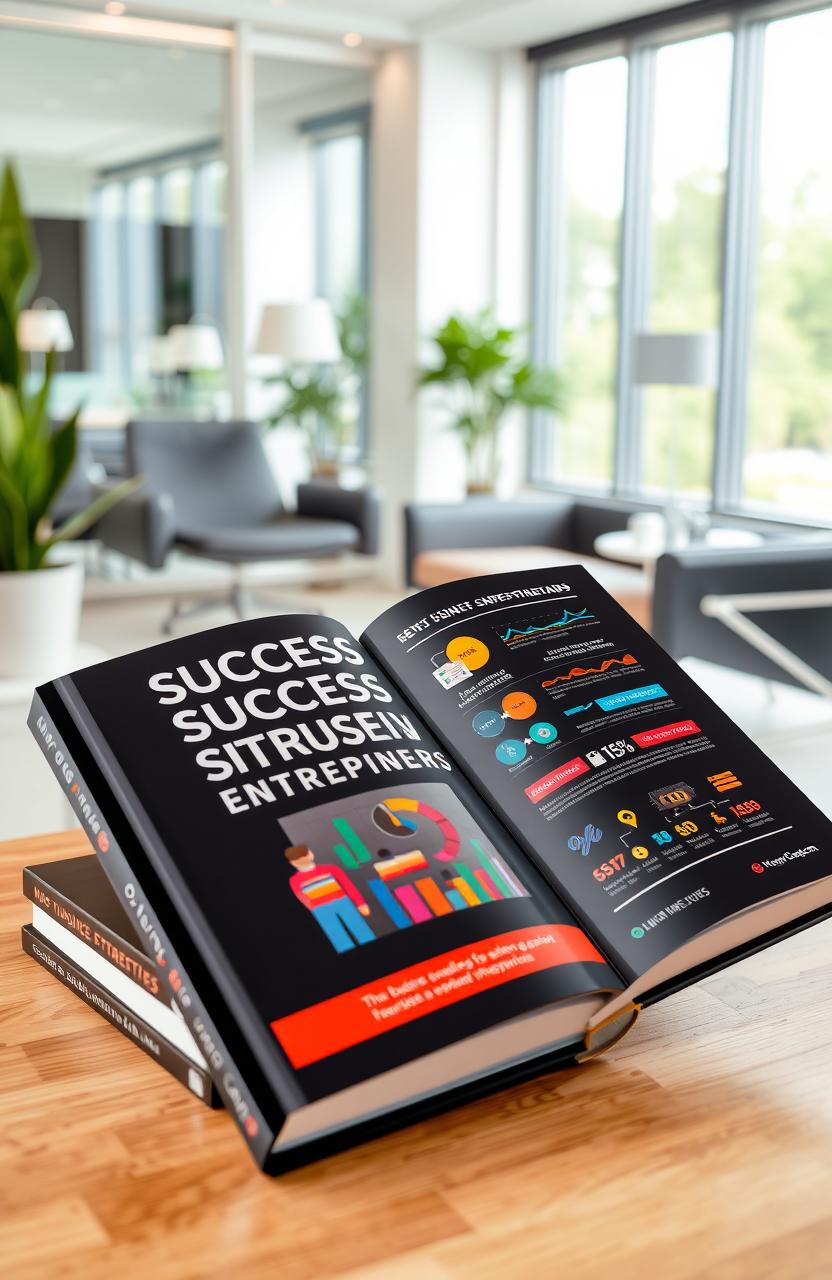 A professional and stylish business guide book, featuring a glossy cover with the title 'Success Strategies for Modern Entrepreneurs'