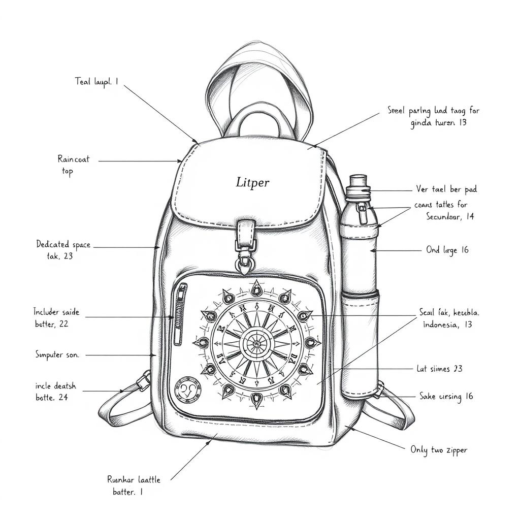 A pencil sketch of a leather backpack featuring a dedicated space for a raincoat at the top