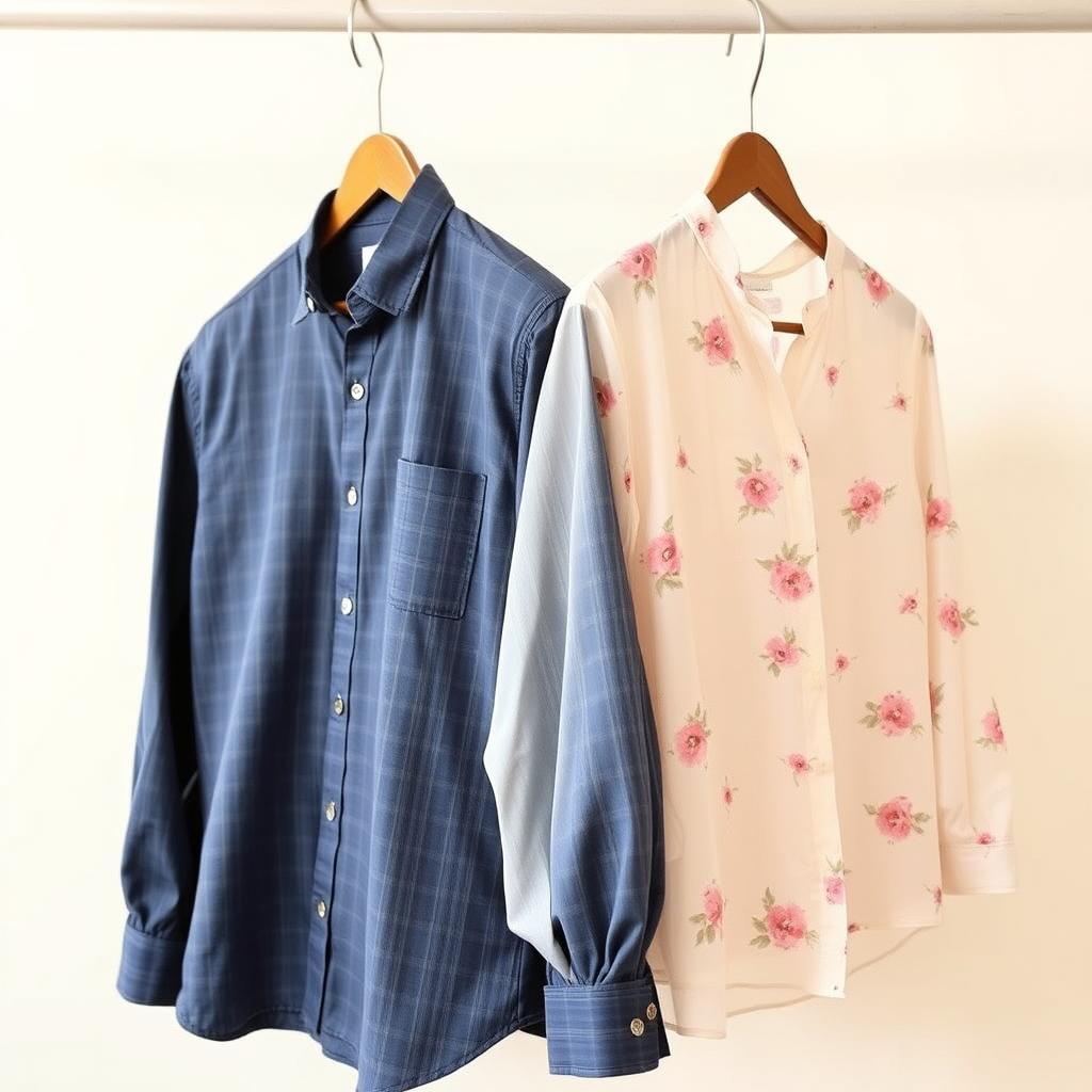 A stylish men's shirt with buttons on the right side, placed next to a fashionable women's blouse with buttons on the left side
