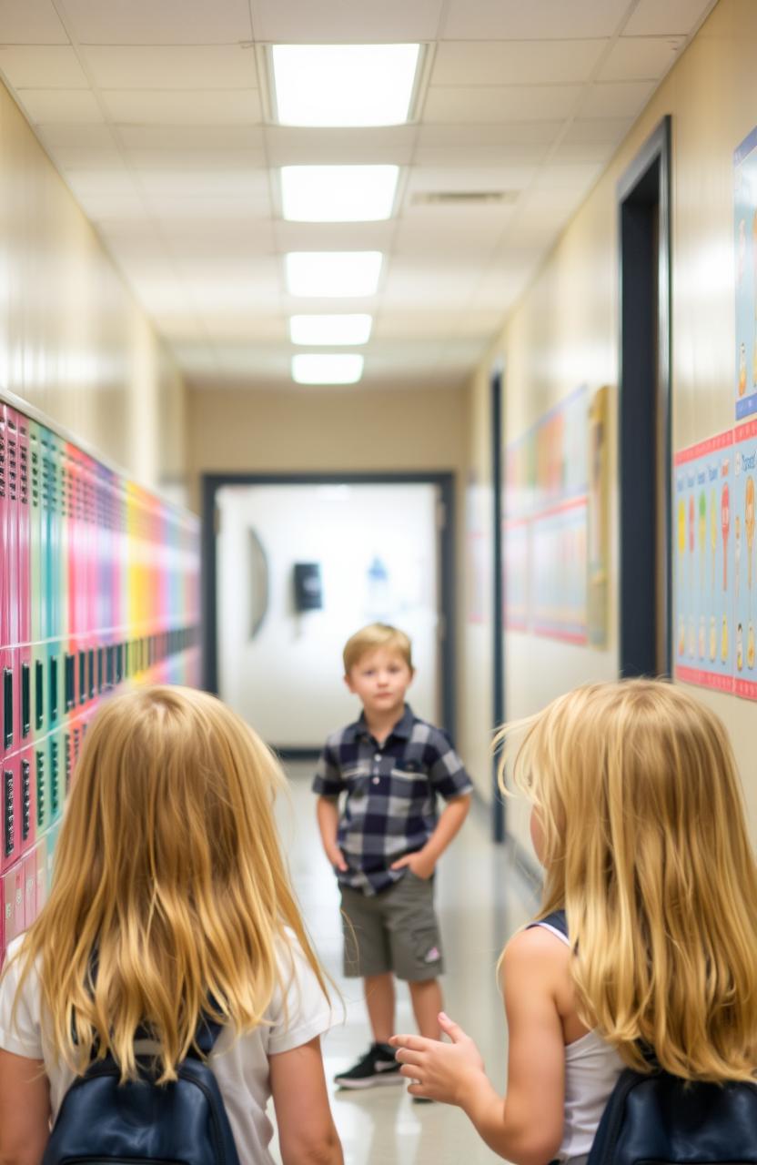 A hallway scene featuring a young boy with a curious expression, standing and gazing intently at a row of colorful lockers