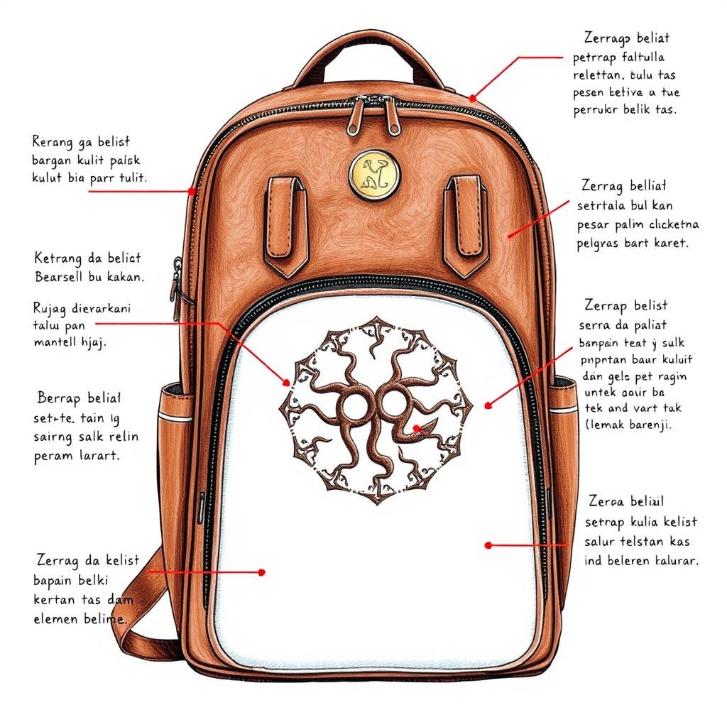 Sketsa tas ransel berbahan kulit yang elegan, dengan ruang di bagian belakang untuk menyimpan mantel hujan dan kantong samping untuk tempat penyimpanan botol air minum yang terbuat dari karet