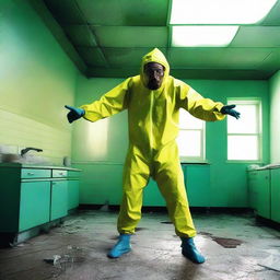 Re-imagine the previous image with Walter White dancing joyously in his yellow hazmat suit within the meth lab