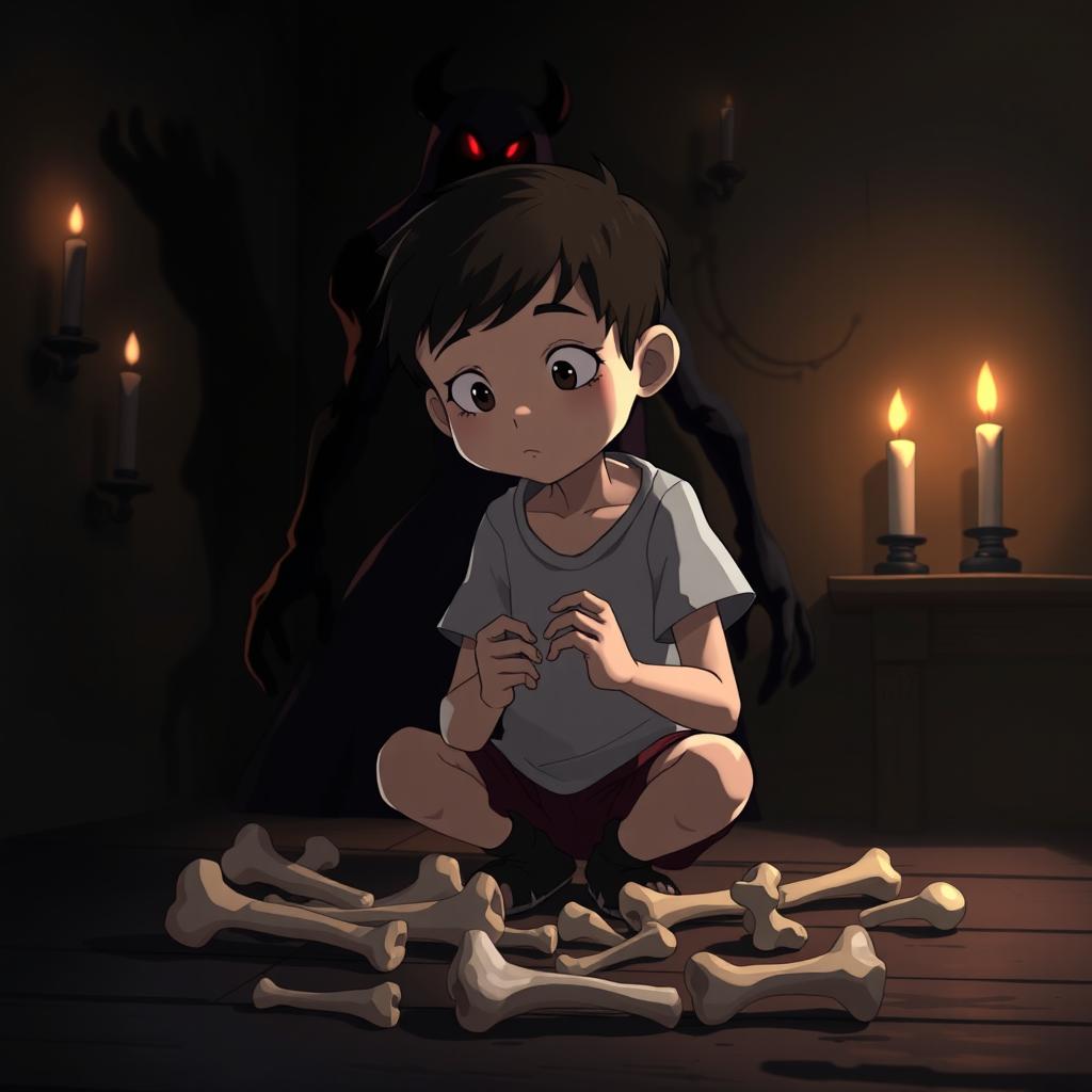 An animated image of a solitary boy in a dark room, playing with small and large bones