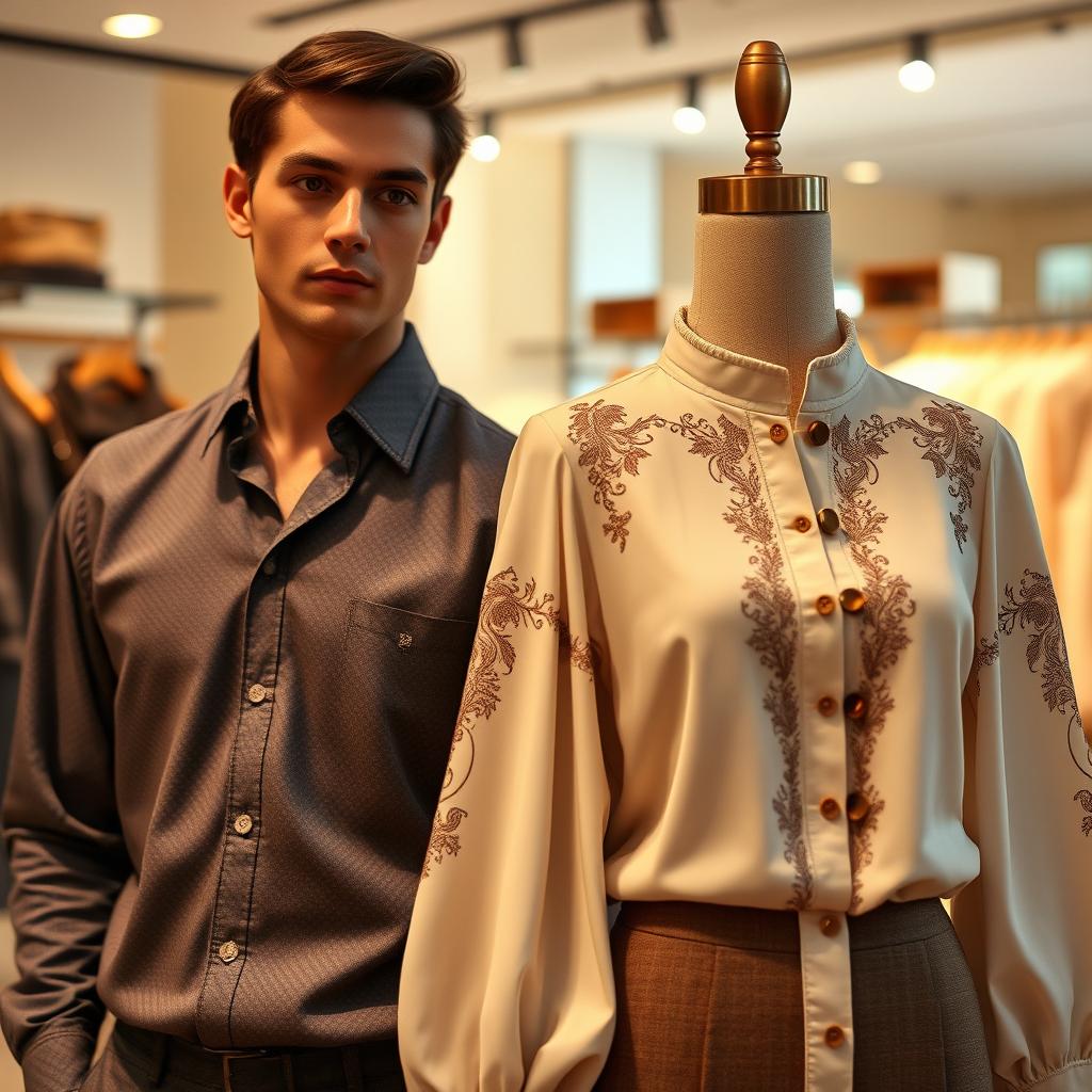A male garment with buttons on the right side, placed next to a female garment with buttons on the left side