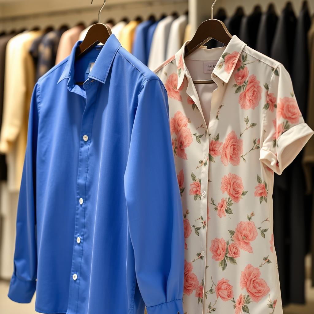 A stylish men's shirt with buttons on the right side, paired next to a women's shirt with buttons on the left side