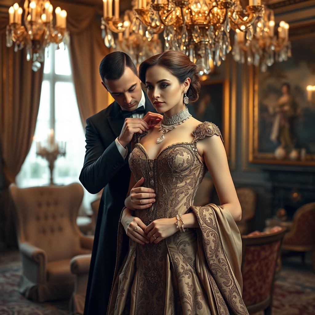 A luxurious, aristocratic woman in an exquisite dress with intricate detailing and rich fabrics