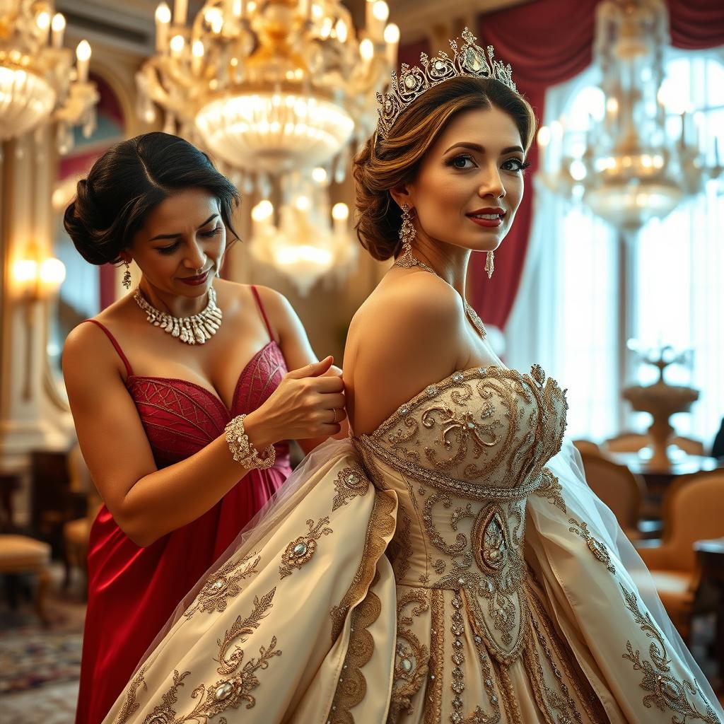 A regal aristocratic woman in an opulent setting, wearing an elaborate gown with intricate details and embellishments