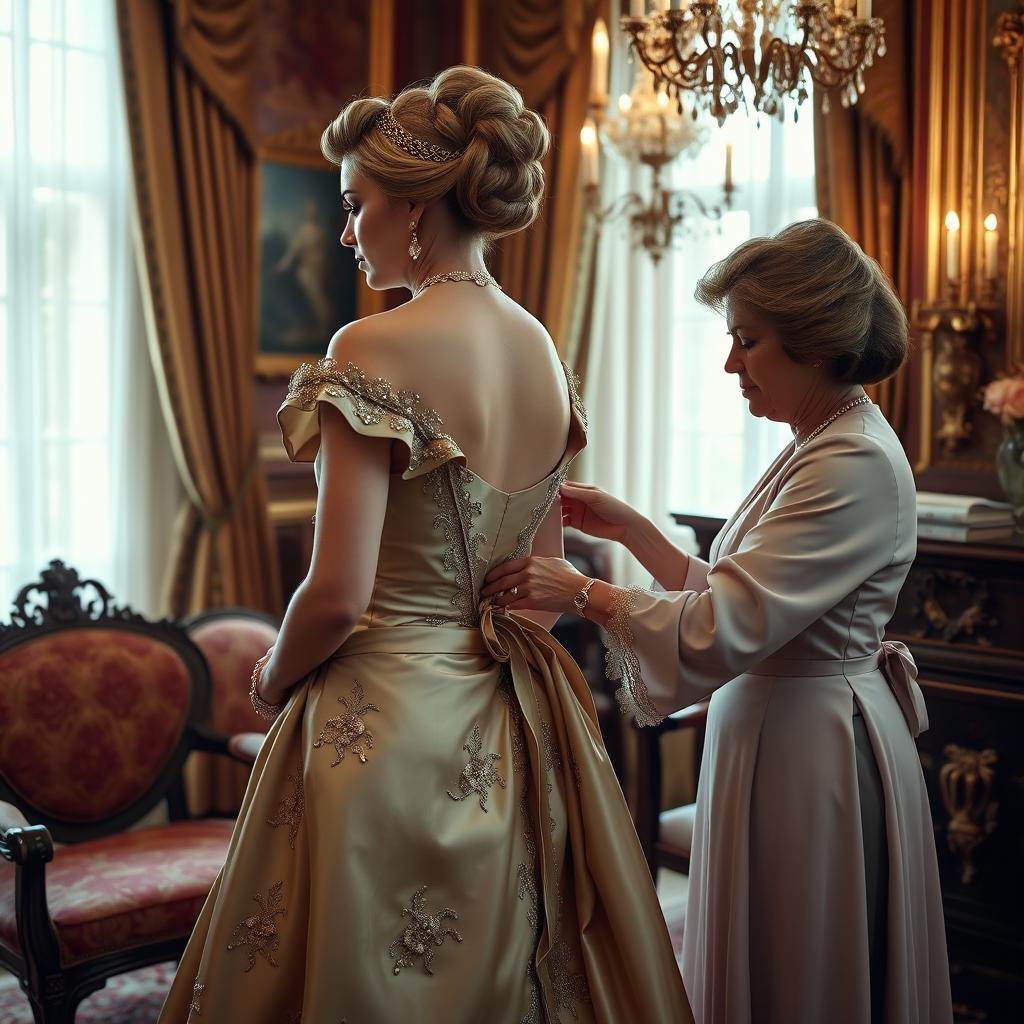 A luxurious scene featuring an elegant aristocratic woman gracefully dressing in an opulent gown