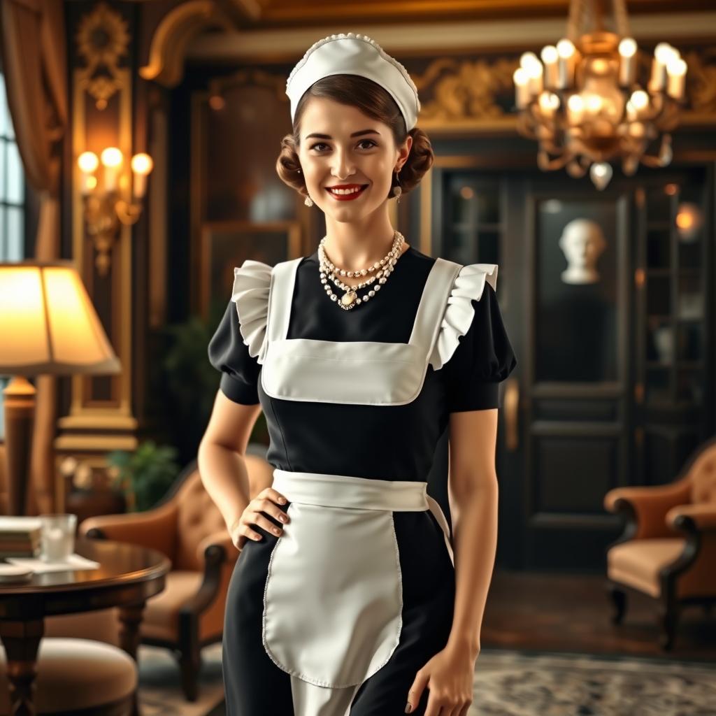 A 1920s maid in a vintage uniform, featuring a classic black dress with a white apron and a white cap