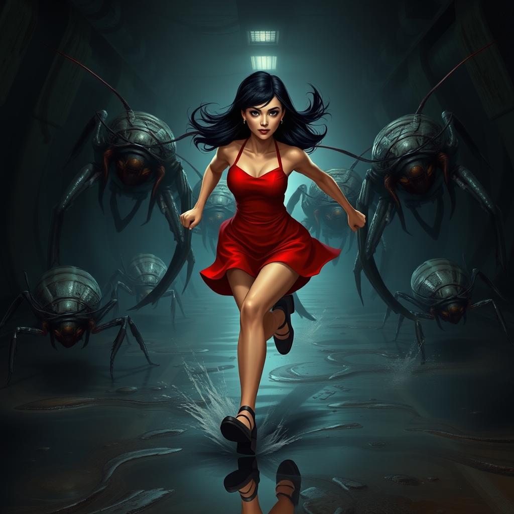 A thrilling scene featuring Ada Wong, a stylish, skilled female character, sprinting through dark, damp sewers