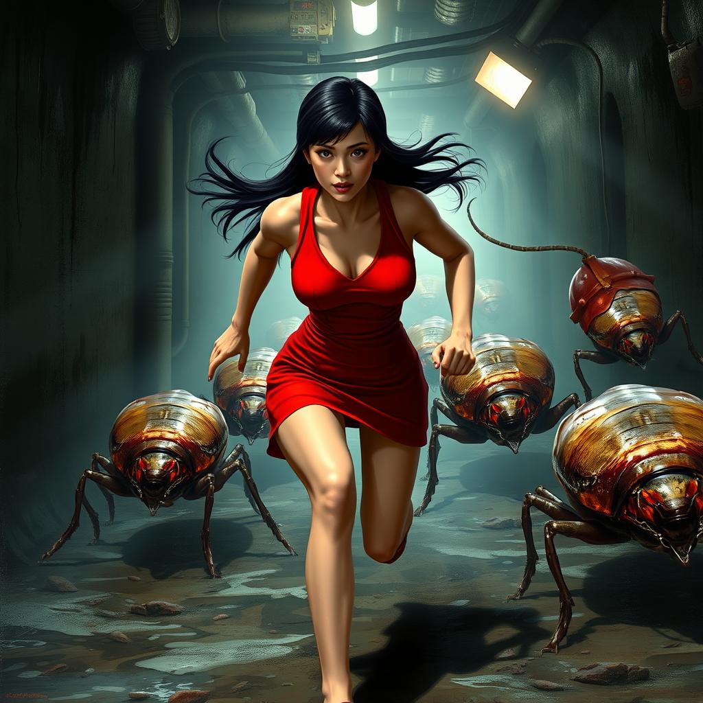 A realistic portrayal of Ada Wong, a dynamic female character, sprinting through a dark and gritty sewer
