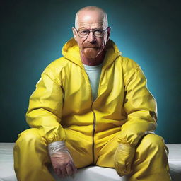 Transform the previous depiction of Walter White to exude genuine happiness, with a broad smile and joyful eyes while in his hazmat suit