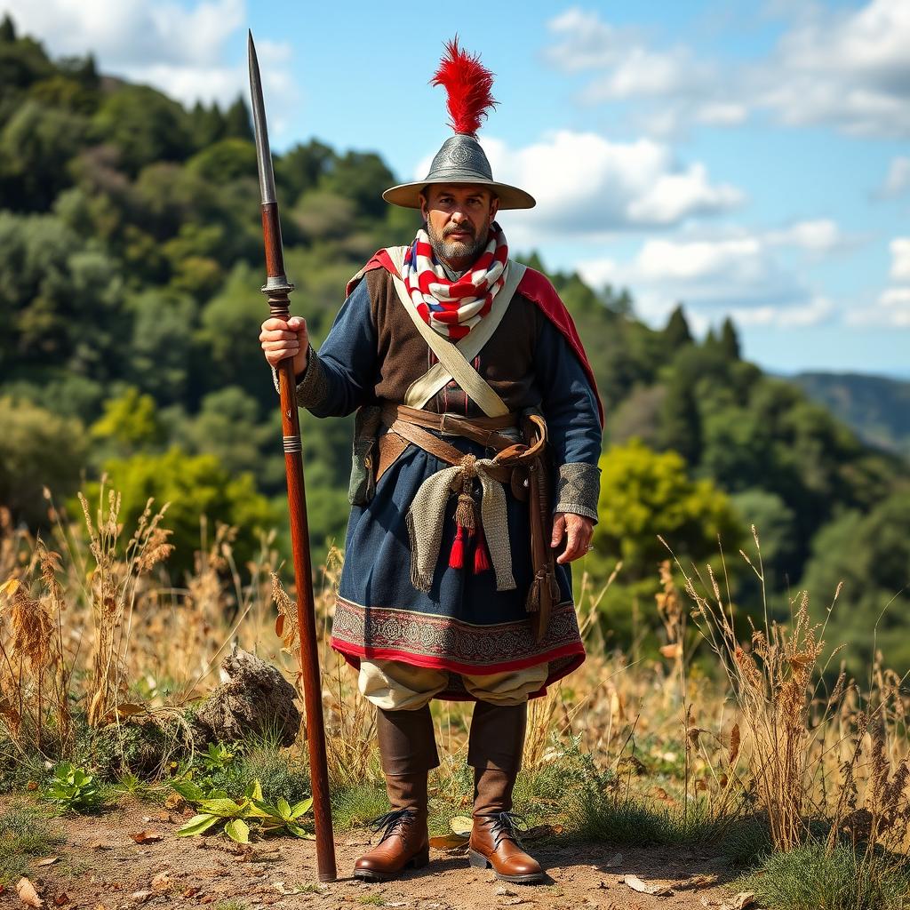 A 17th century Croatian soldier in traditional military attire, featuring a distinct Croatian military scarf (kroaatit) draped around his neck