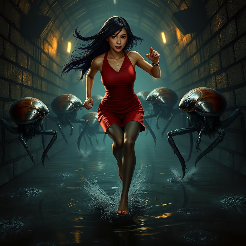 A hyper-realistic depiction of Ada Wong in a dynamic running pose, as she navigates the dark, murky sewers