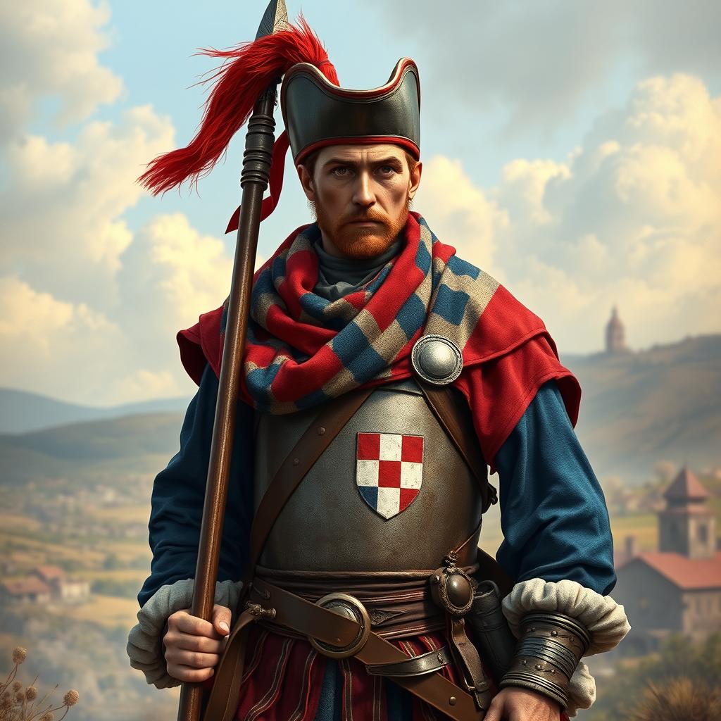 A 17th-century Croatian soldier wearing traditional military attire, intricately detailed with vibrant colors, showcasing a traditional Croatian war scarf