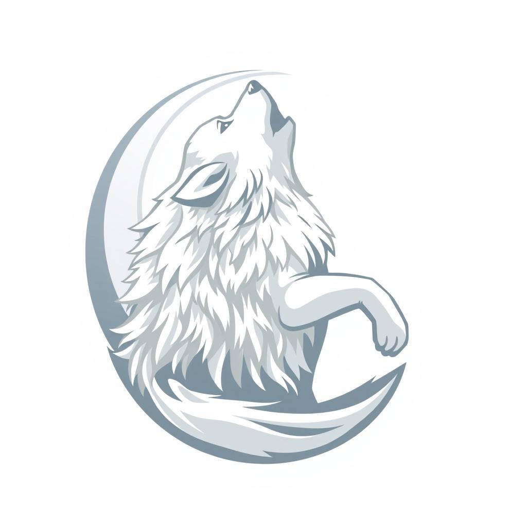 A logo featuring a powerful and majestic white wolf howling at the moon