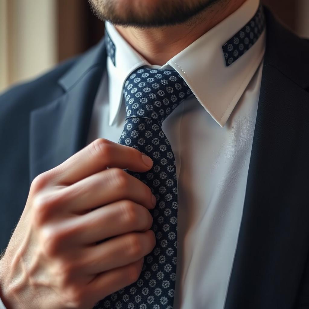 A close-up view of a man tying a necktie, focusing on the intricate patterns and texture of the tie