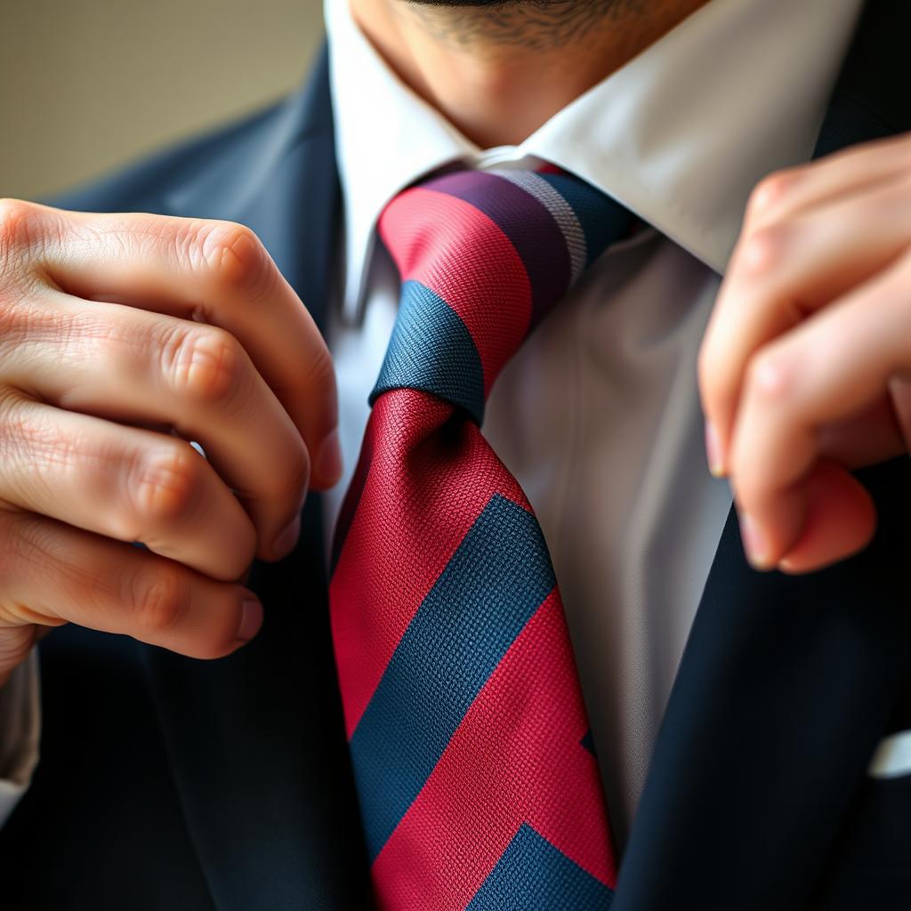 A close-up shot of a man's hands skillfully tying a tie, focusing solely on the vibrant and textured fabric of the tie itself, with the background softly blurred to emphasize the details of the knot and the color patterns of the tie