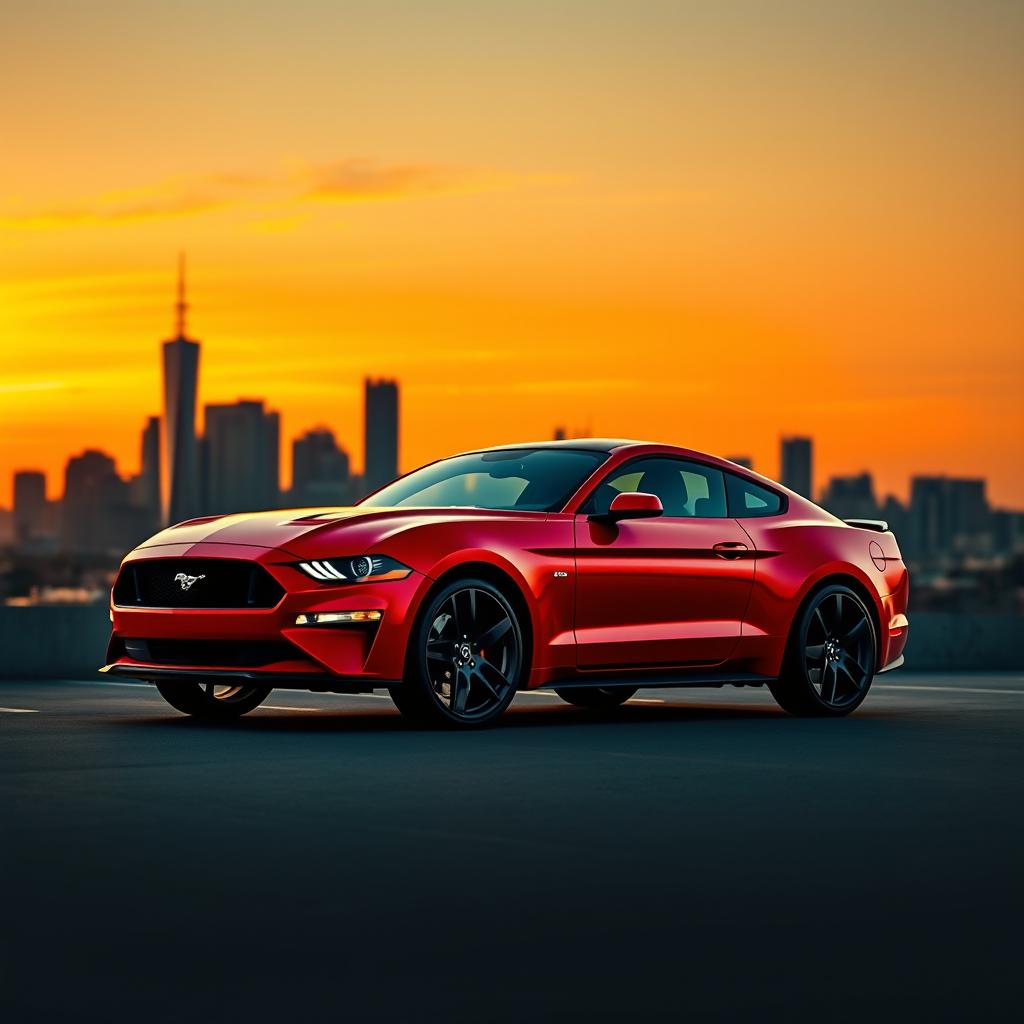 A 2023 Ford Mustang, sleek and modern, sitting elegantly on 2015 Hyundai Santa Fe rims