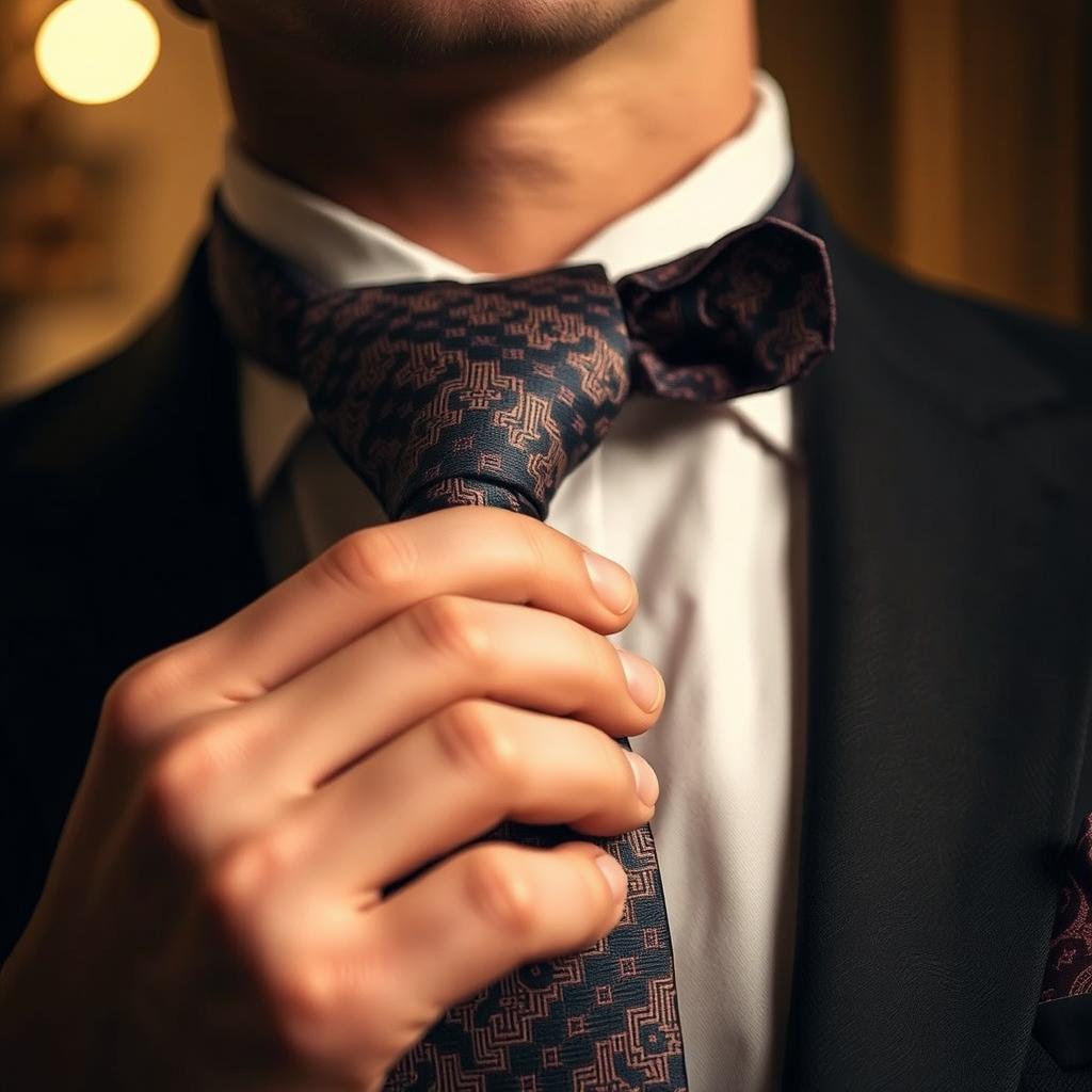 A close-up shot of a man tying a tie, prominently featuring the elegant texture and colors of the tie