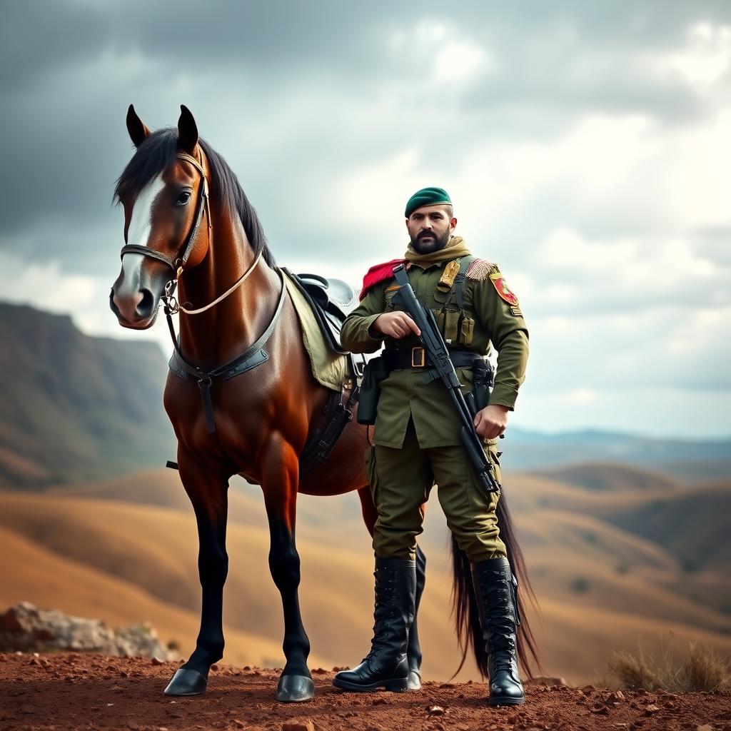 An Iranian soldier in a military uniform, complete with combat gear and high-heeled boots, standing proudly next to his majestic horse