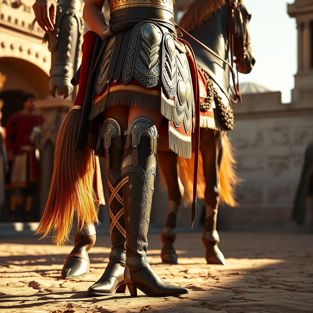 A Persian Achaemenid soldier in battle attire, wearing high boots with visible long shafts and stylish high heels