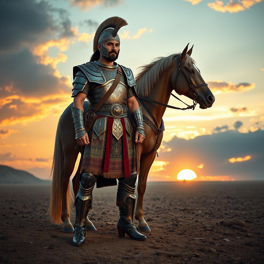 An ancient Persian soldier from the Achaemenid Empire, wearing ornate battle armor and high, stylish boots with noticeable heels