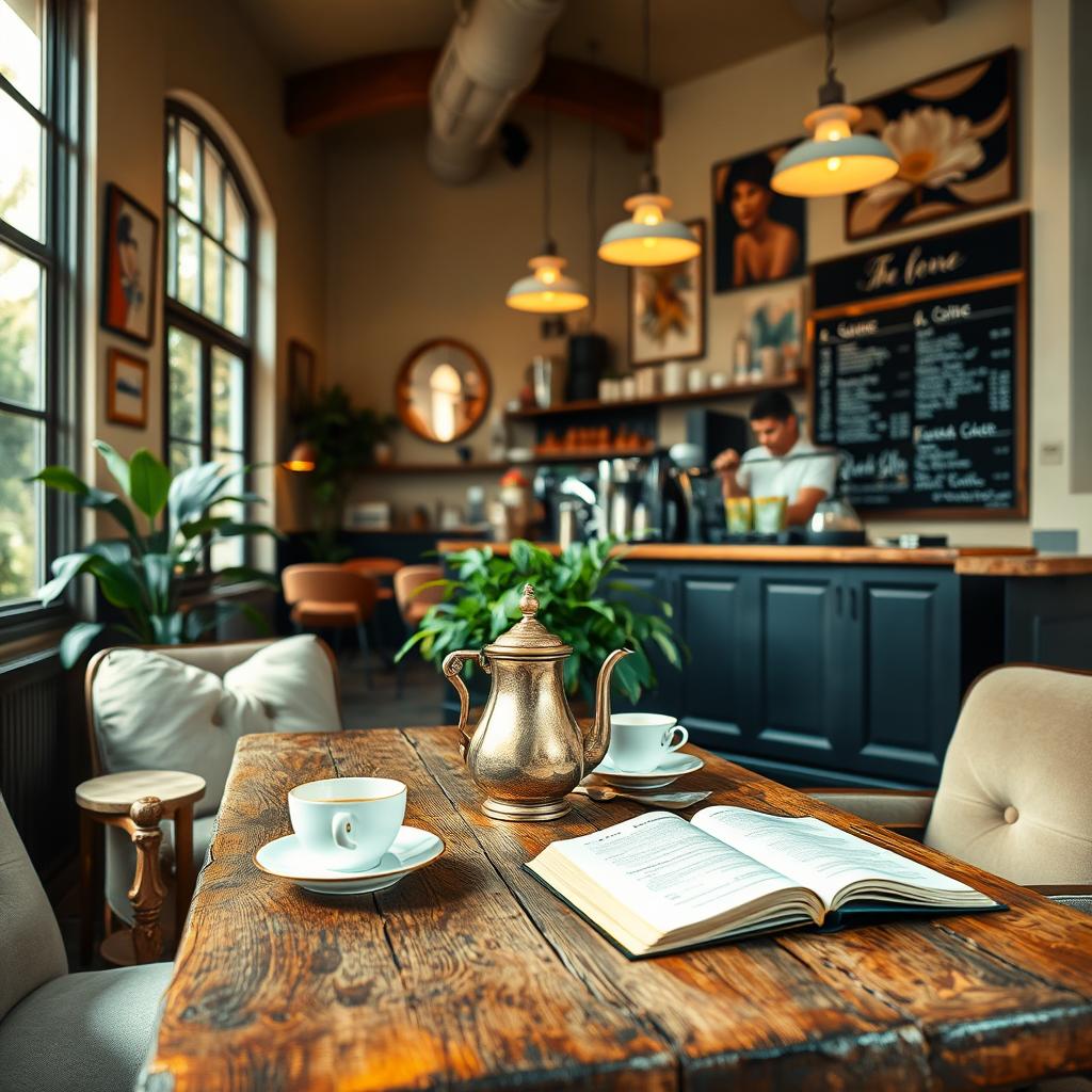 A cozy and inviting coffee shop interior, filled with warm light filtering through large windows