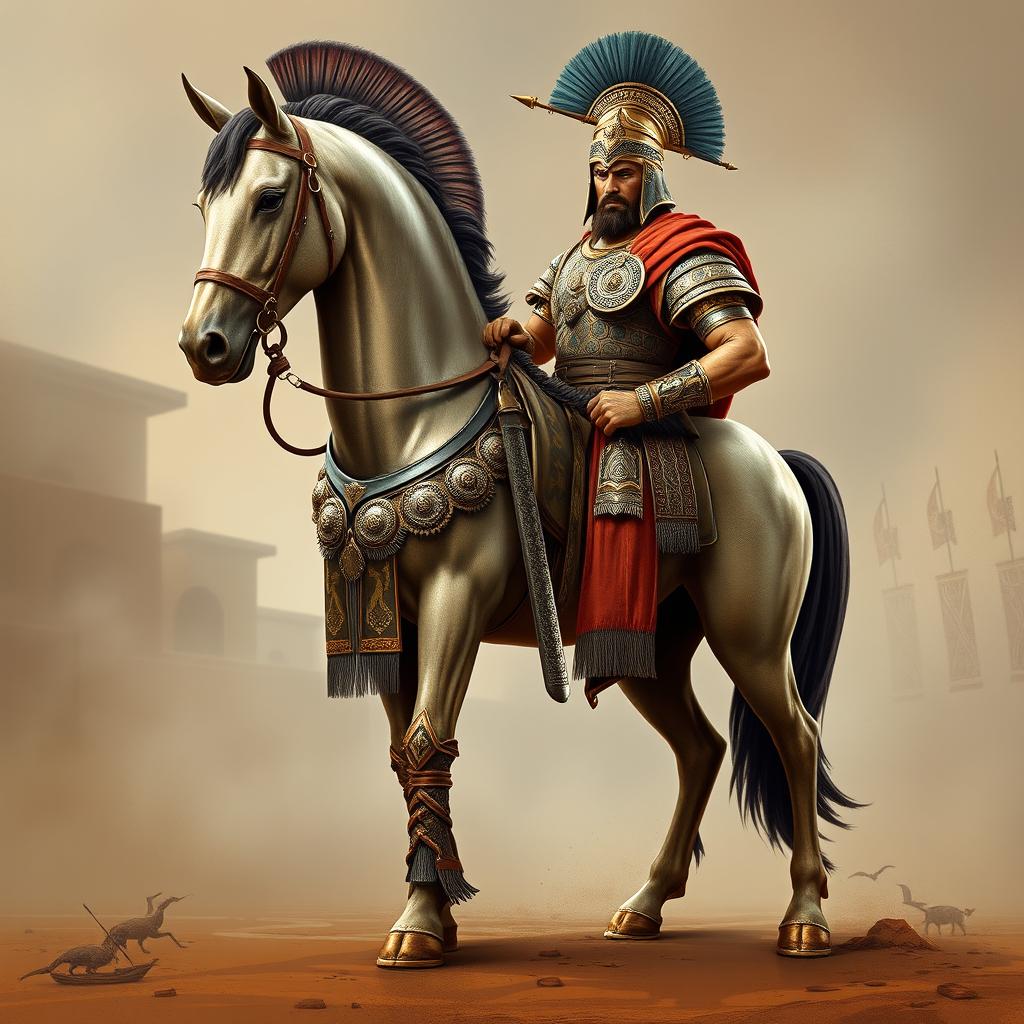 A heroic Achaemenid soldier in full battle attire, showcasing intricate designs on the armor and a majestic helmet, standing next to a powerful horse