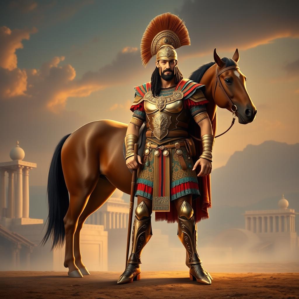 A Persian Achaemenid soldier in full battle attire, complete with a tall, imposing helmet adorned with intricate designs, wearing a decorated breastplate and layers of colorful garments that represent the grandeur of the Achaemenid Empire