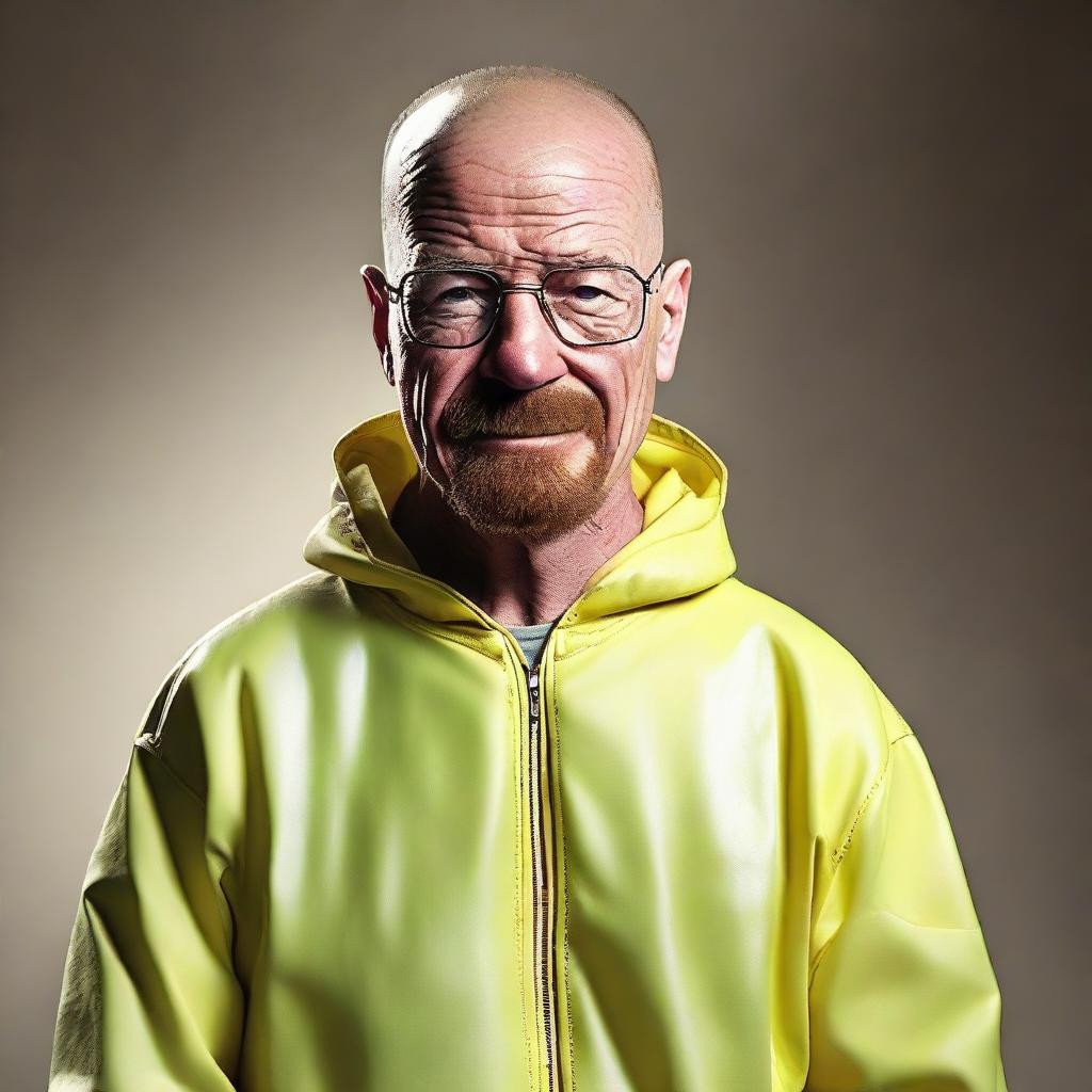 Transform the previous depiction of Walter White to exude genuine happiness, with a broad smile and joyful eyes while in his hazmat suit