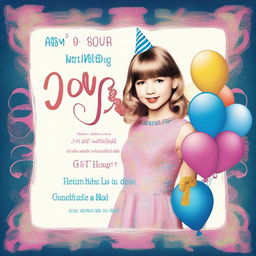 A high-quality digital art image of a birthday invitation for a nine-year-old girl