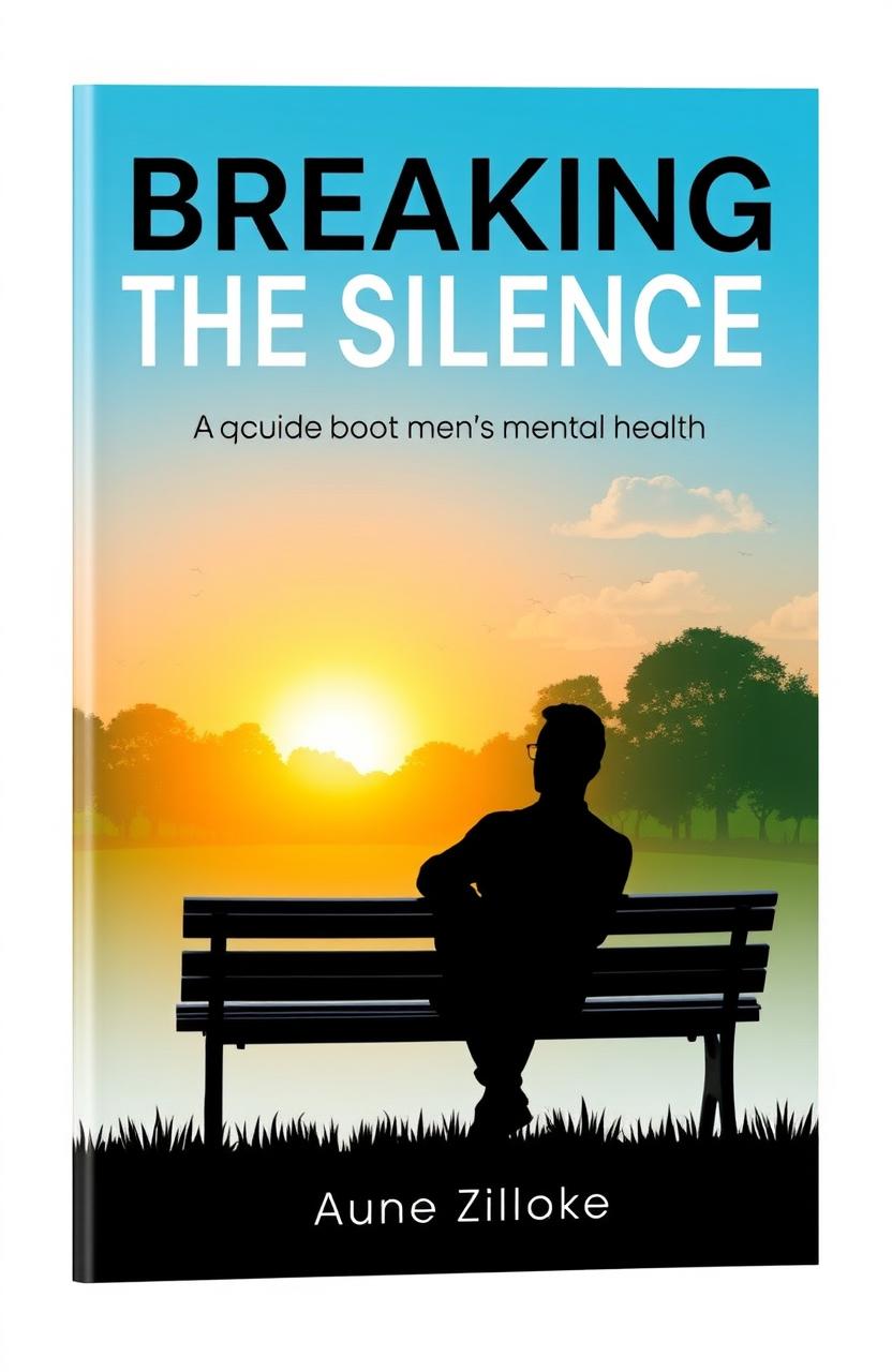 A thought-provoking book cover focused on men's mental health, featuring a silhouette of a man sitting on a bench in a serene park, surrounded by nature