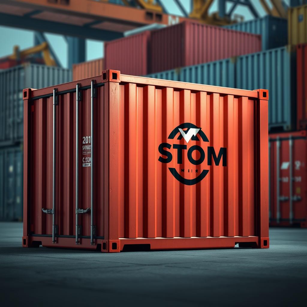A realistic depiction of a 20-foot shipping container prominently displaying a custom logo on its side