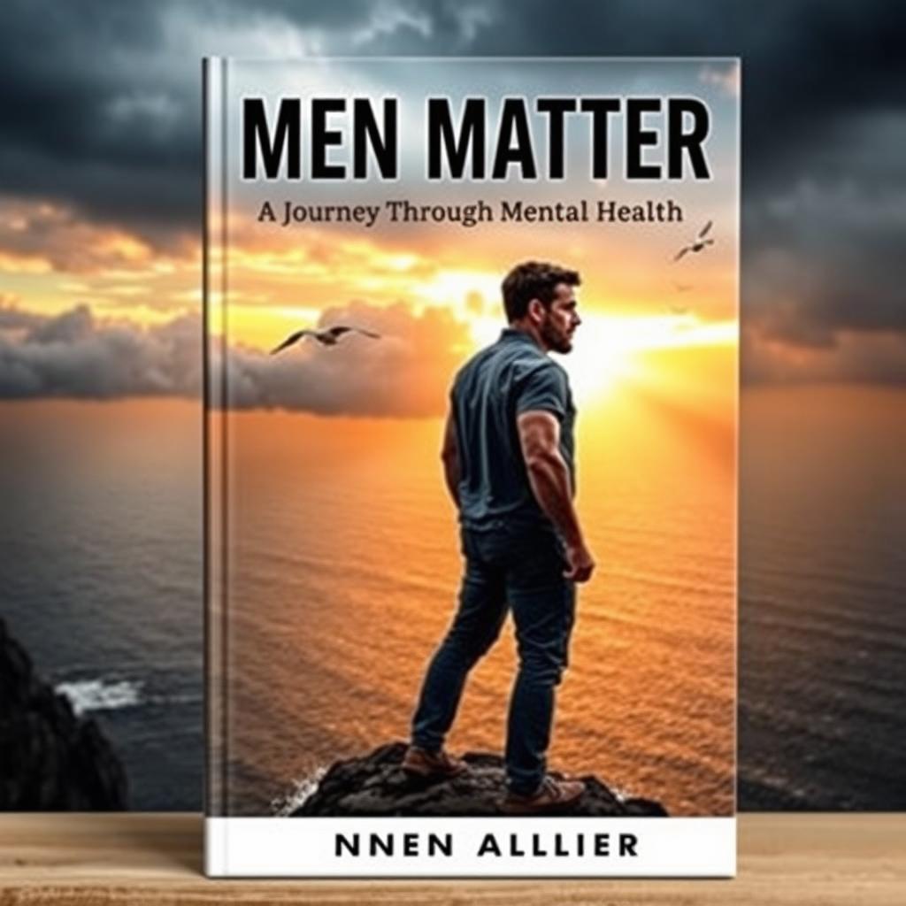 An impactful book cover dedicated to men's mental health, featuring a rugged, masculine figure standing at the edge of a cliff overlooking a vast ocean during sunrise