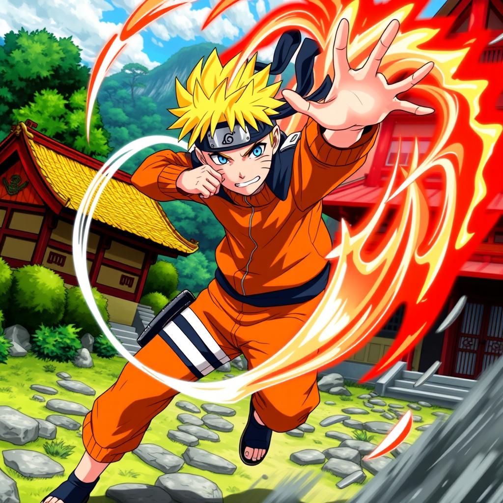 A dynamic action scene featuring Naruto Uzumaki, the iconic ninja from the anime, in a vibrant, colorful setting