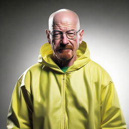 Transform the previous depiction of Walter White to exude genuine happiness, with a broad smile and joyful eyes while in his hazmat suit