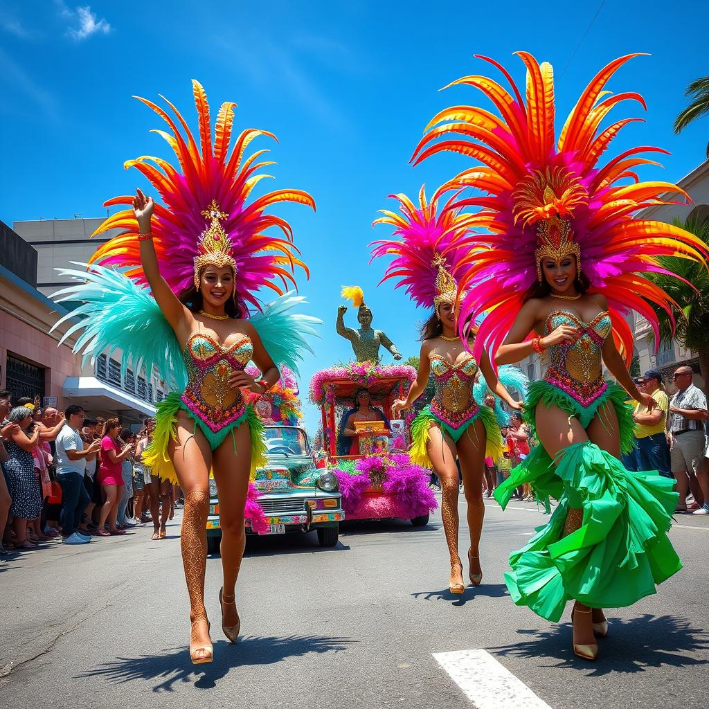 A vibrant scene of Brazilian Carnaval, featuring groups of dancers in stunning, colorful costumes adorned with feathers, glitter, and sequins, celebrating joyfully in the streets