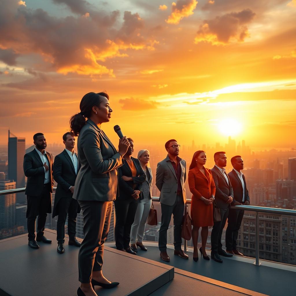 A powerful and inspiring image depicting a diverse group of leaders standing together on an elevated platform, overlooking a vast cityscape at sunset