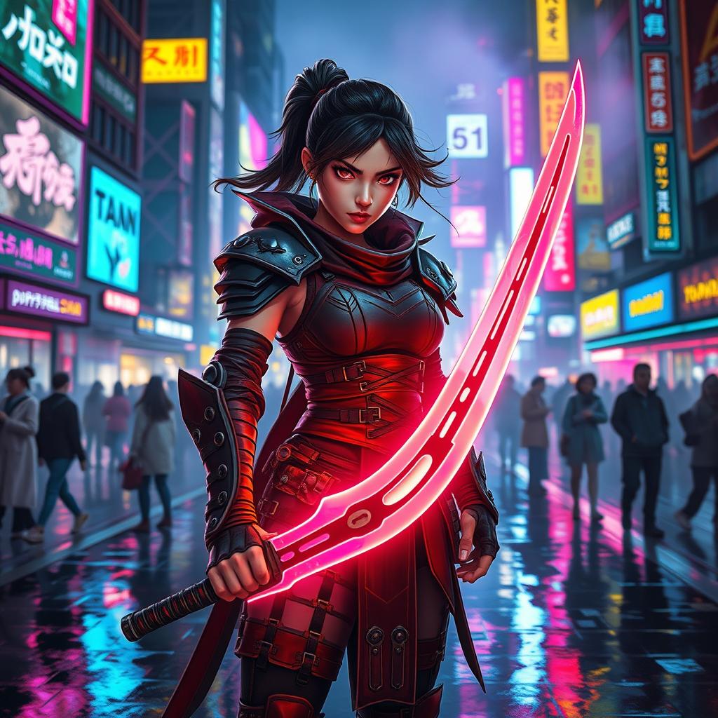 A fierce girl standing in a vibrant cyberpunk city at night, gripping a glowing sword in her hand