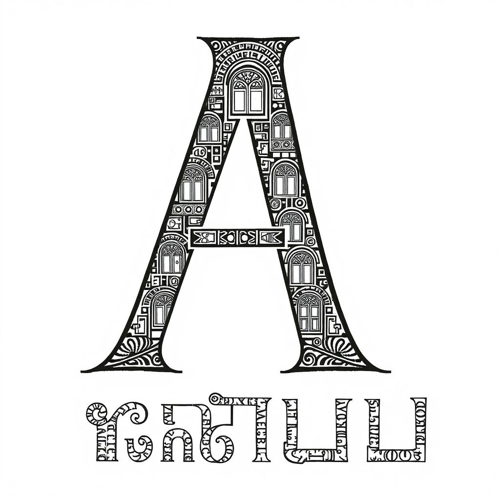 A large letter A intricately designed with decorative lines resembling a mosaic of doors and windows, the secondary lines of the letter are embellished in Assyrian cuneiform script