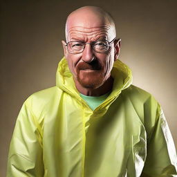 Elevate the happiness level of Walter White from Breaking Bad; accentuate his smile, create gleaming eyes, and an overall ecstatic expression, while still in his hazmat suit